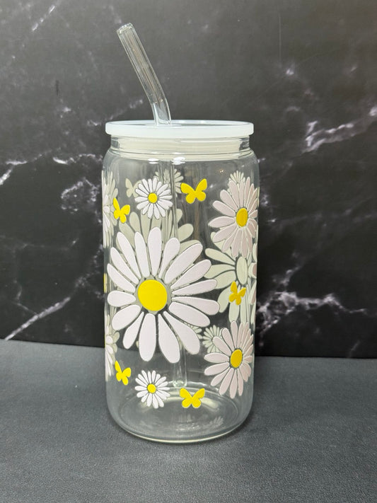 White Daisies—Glass Cup